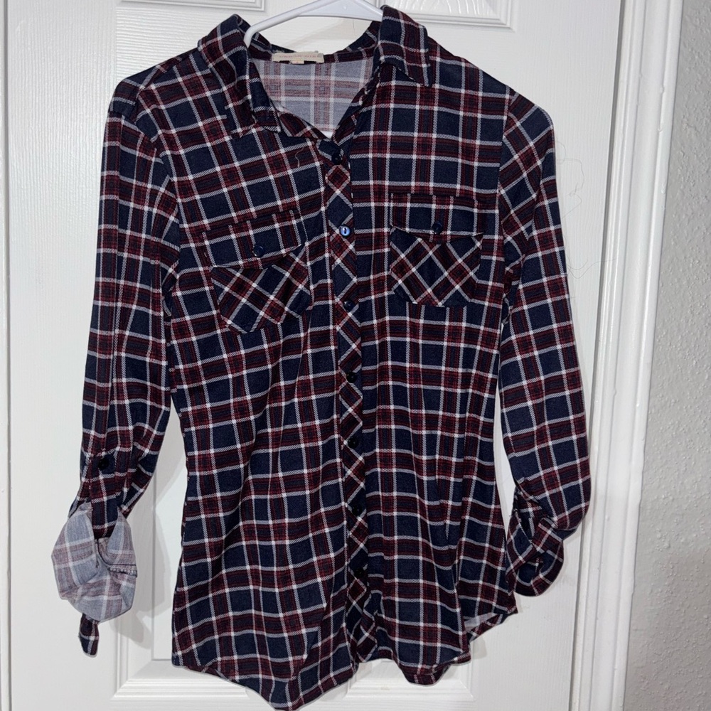 Women's Plaid Button-Down Shirt - Navy and Burgundy - Picture 2 of 5